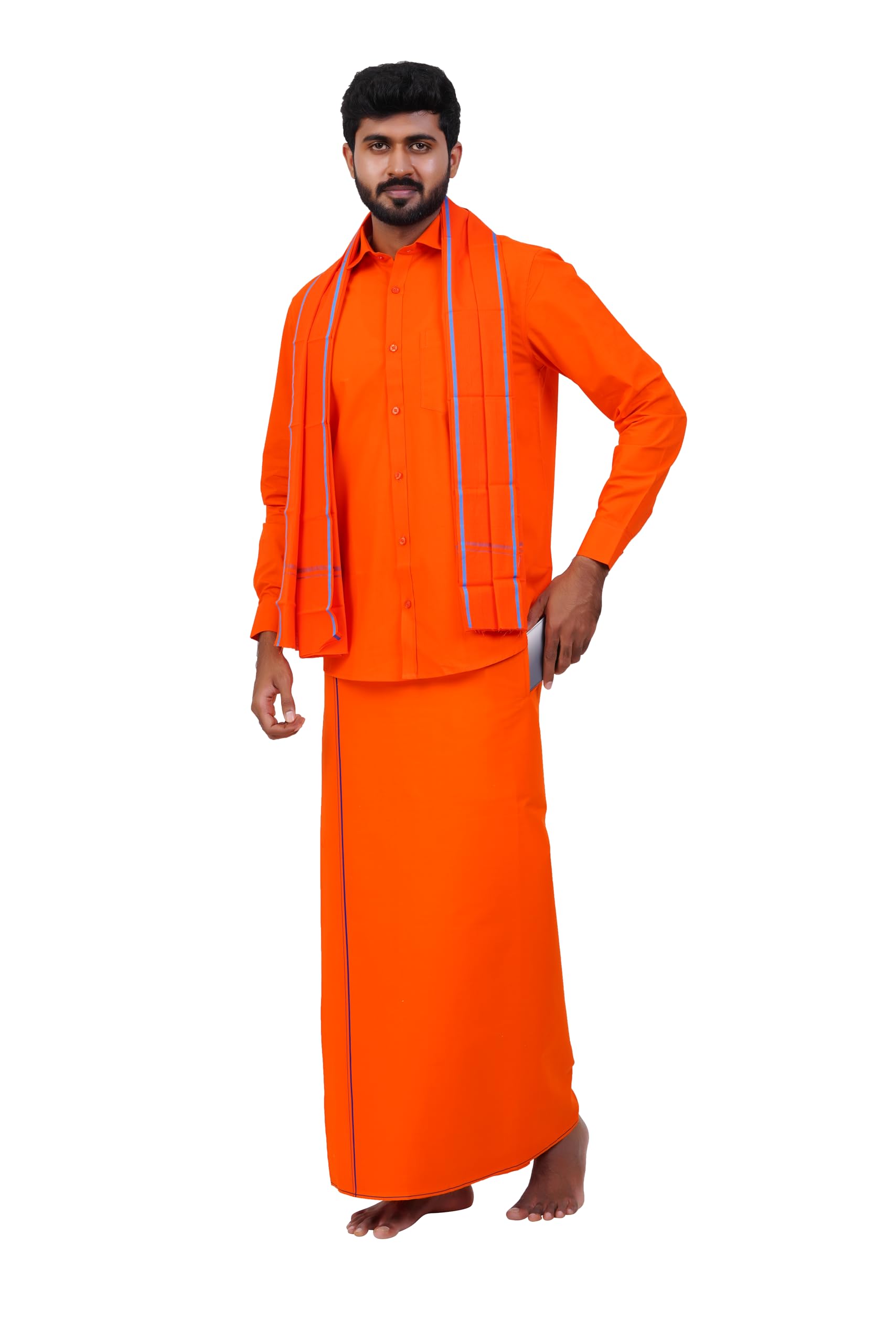 prakasam cotton Mens Small Border (Roja) Flexi Adjustable Readymade Pocket Dhoti + Readymade Full Sleeve Shirt + Small Border towel-picture-17