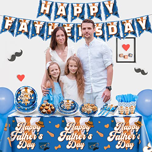 Happy Father's Day Party Supplies Tableware Set (Serve 24)-Happy Father's Day Banners, Plates, Cups, Napkins, Plastic Knives, Spoons, Forks,Tablecloth For Father's Day Party Supplies Decorations #TOP6