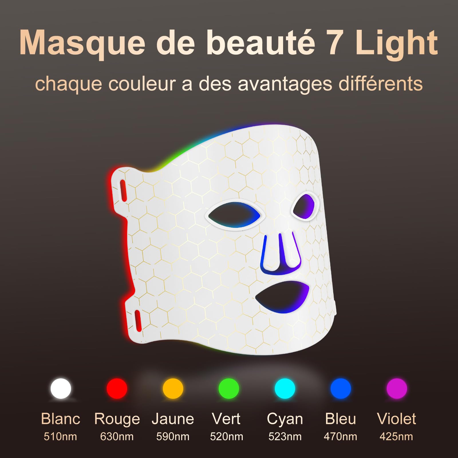 Profey Masque Led en 7 Couleurs, Masque Led Visage a Des Effets Rajeunissants, Anti-Âge et Anti-Rides, Blanc Led Mask | 7 modes, couverture uniforme, silicone, minuterie auto 5-30 min