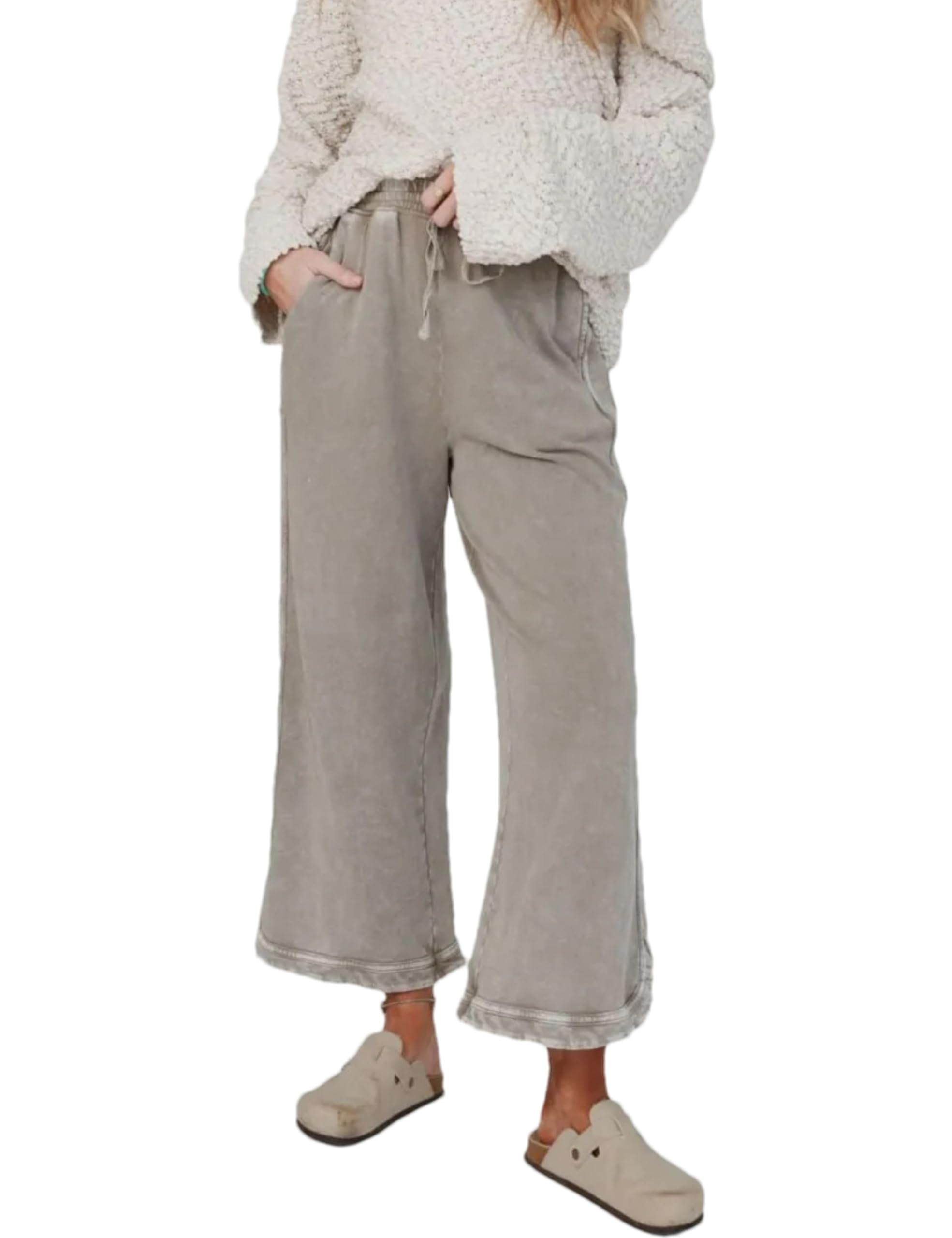 Womens Elastic Drawstring Waist Wide Leg Sweatpants Acid Wash Streetwear Joggers Athletic Lounge Trousers Pants