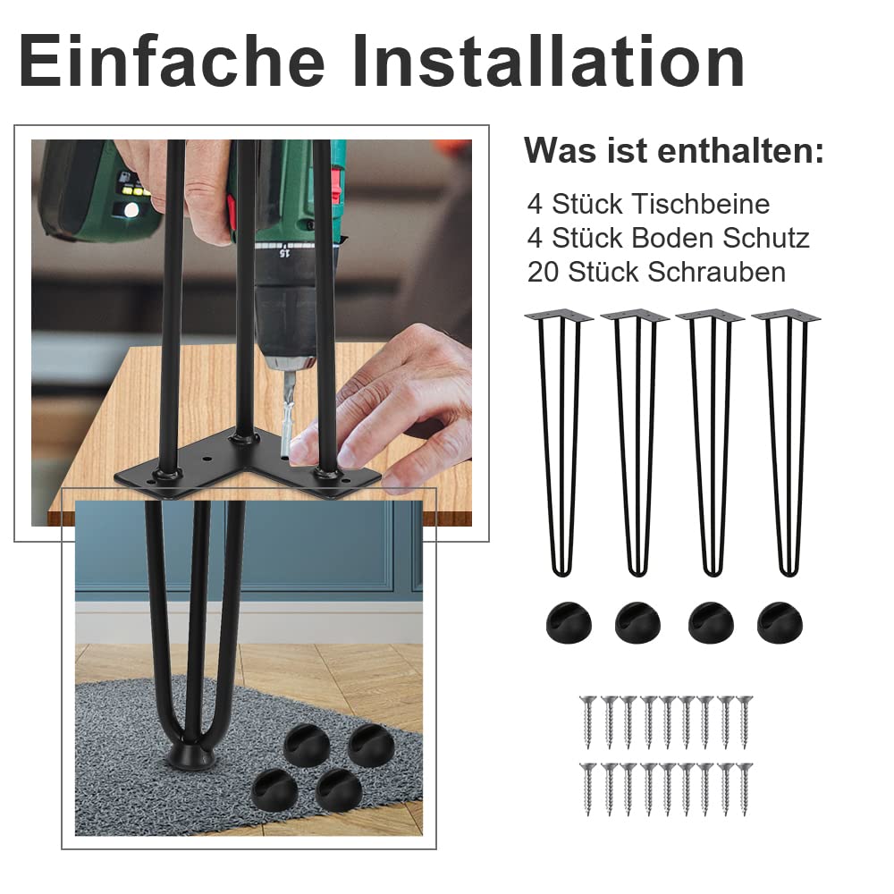 Haarnadel Tischbeine 4er Set, Metall Schwarz mit 3-Stange Bein, Hairpin Leg für Schreibtisch, Kaffeetisch, mit Bodenschoner und Schrauben（72cm）
