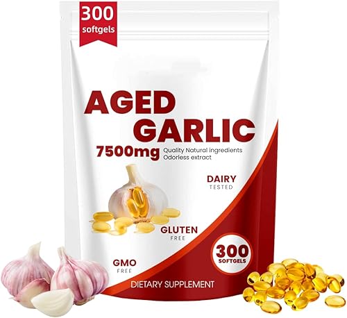 Extracto de ajo añejo 7500 mg sin olor, cápsulas de extracto de ajo orgánico (300 unidades)  Suplemento de ajo  Antioxidante para el corazón e