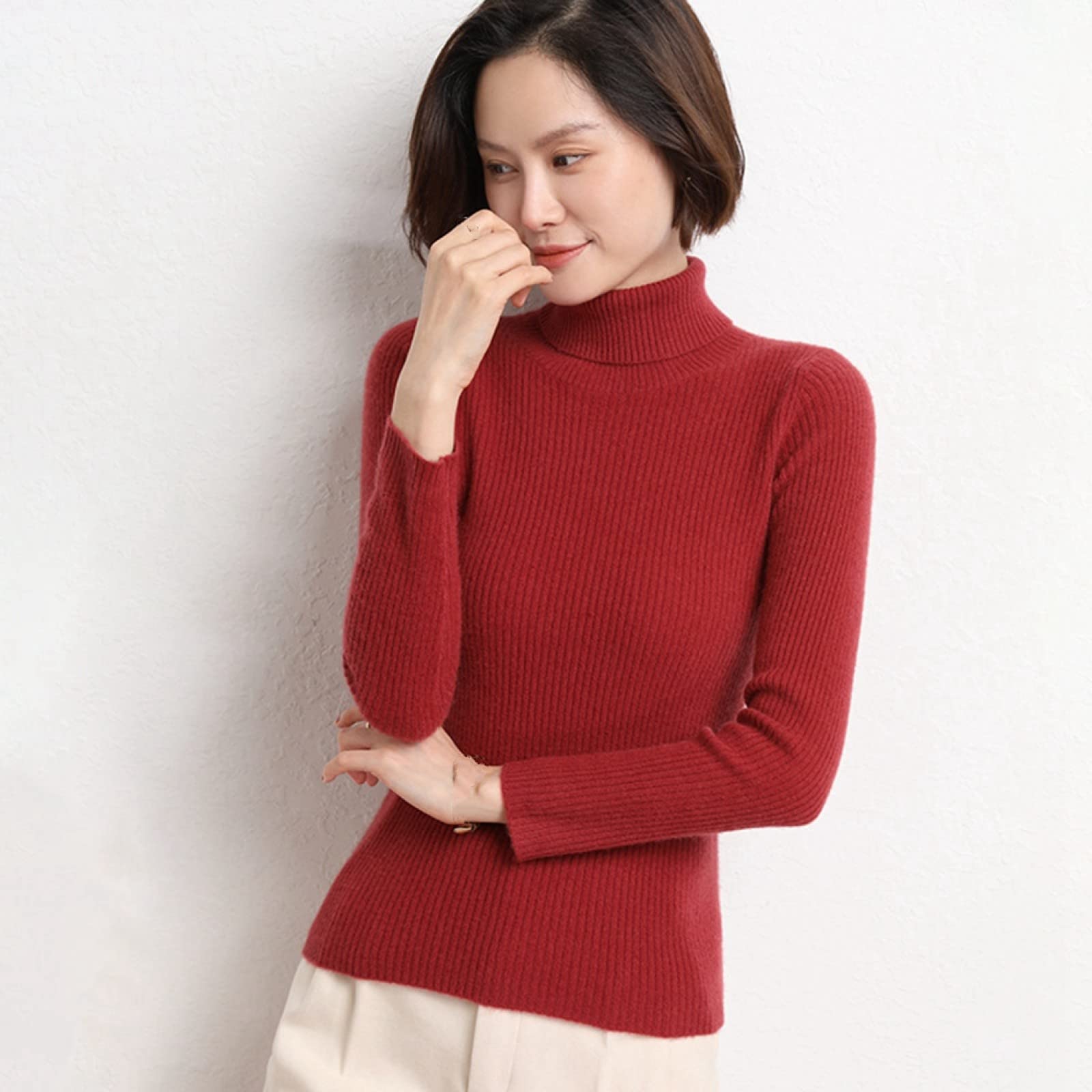 Pull Col Roulé Femme Bordeaux - Hiver Ample Tricoté Manches Longues Style Décontracté