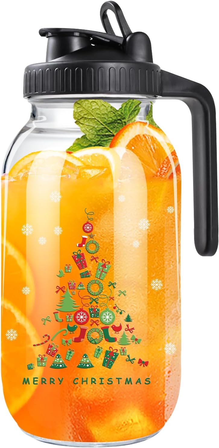 Breast Milk Pitcher Glass Pitcher with Lid, 64 oz 2 Quart Mason Jar Pitchers with Lid and Spout, Wide Mouth Glass Jug Sun Tea Pitchers, Cold Brew Coffee pitcher, Fridge Container for Water-Christmas - Image 8