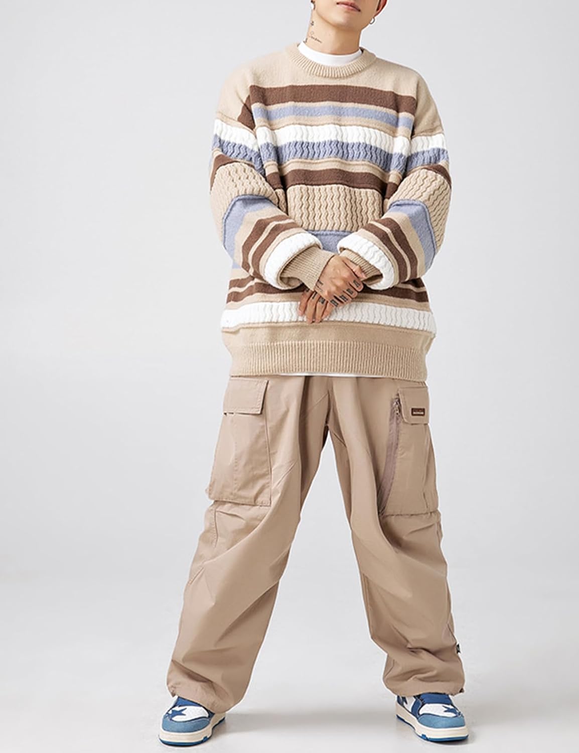 Arssm Mens Vintage Sweater Oversized Striped Knit Sweaters Crewneck Blouses Fall Pullover Tops Color Block Knitwear - Image 3