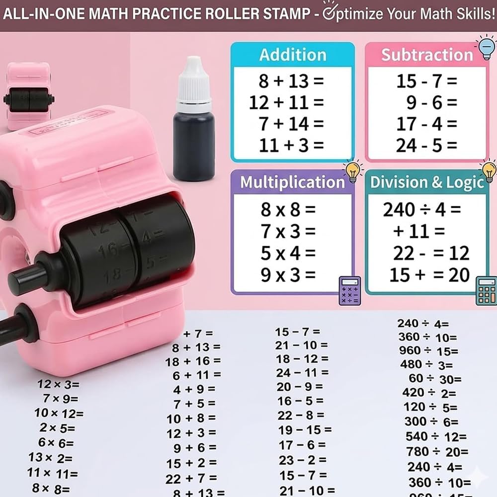 4 in 1 Math Stamp Roller, Math Teacher 4-in-1 Math Stamp Roller, MathTeacher 4 in 1 Rollers Stamps, Addition Subtraction Multiplication Division Practice Tool, Preschool & Elementary Learning (2PCS)