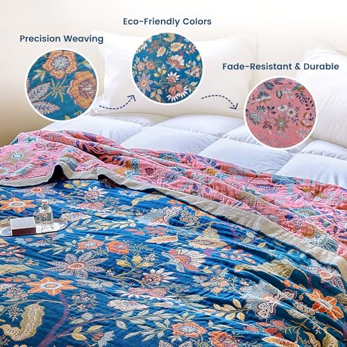 Image of MSGKV Boho Throw Blanket 60 inchx80 inch 100% Cotton Twin Floral Throw for Couch