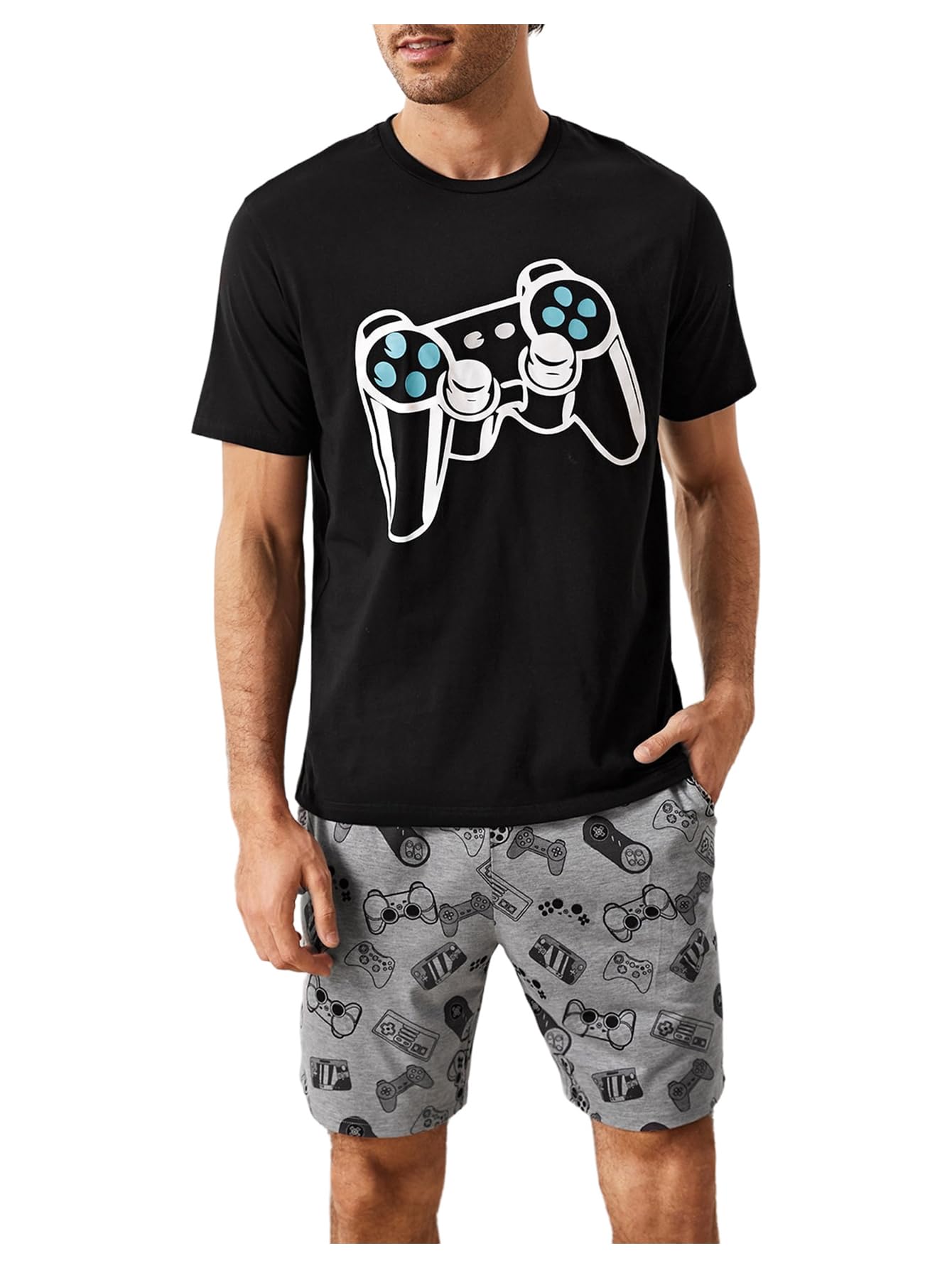 Verdusa Men's Pajamas Set 2 Piece Pjs Sets Short Sleeve Letter Print Tee and Short Lounge Set
