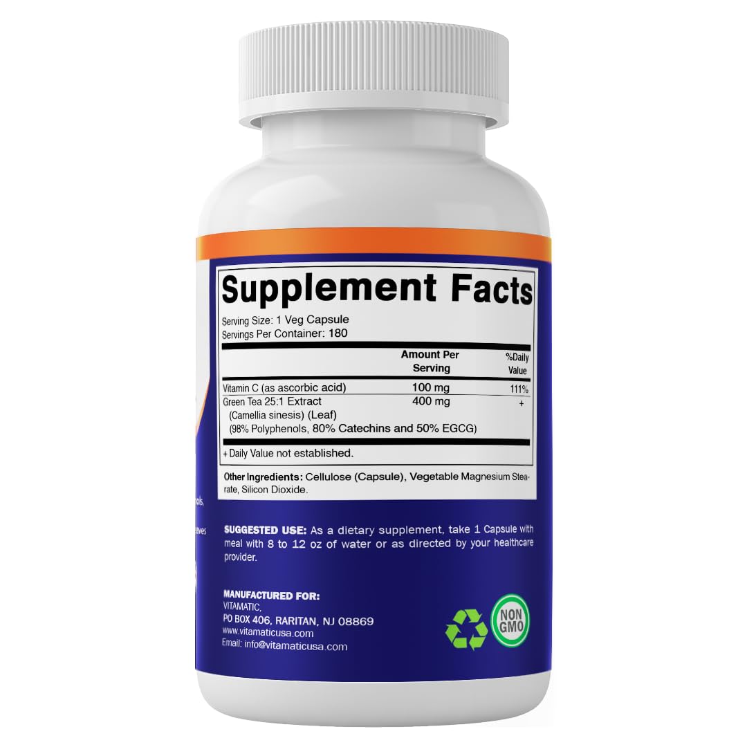 Vitamatic Green Tea Extract with Vitamin C, 25X Concentrate, 98% Polyphenols, 80% Catechins, 50% EGCG, 180 Veg Capsules — Amazon image 8