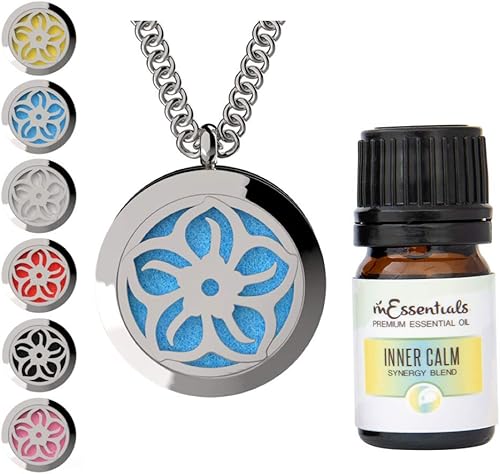 mEssentials Lotus - Collar difusor de aceite esencial de acero inoxidable con cadena de 24 pulgadas, aceite y almohadillas en caja de regalo