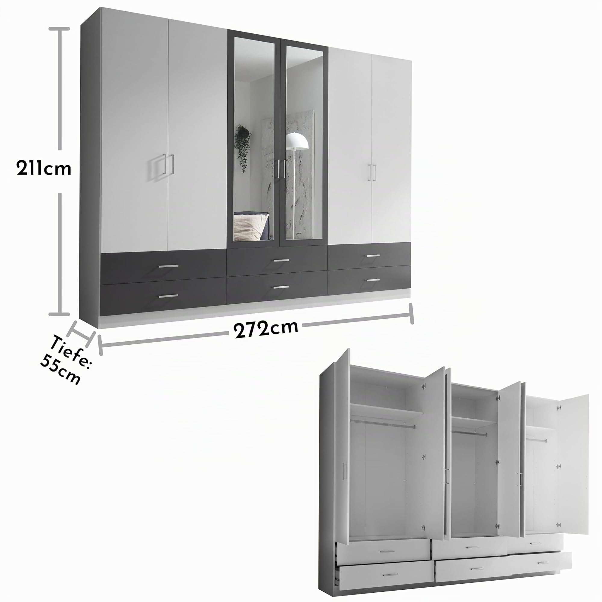 JANNE Kleiderschrank Drehtürenschrank Spiegel Weiß Graphit 272 x 211 x 55cm
