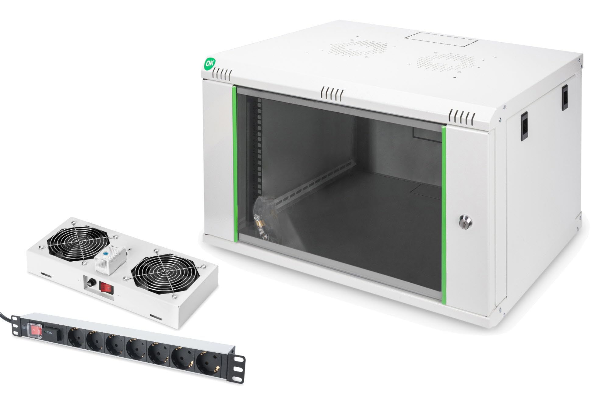 DIGITUS Set: Armoire réseau 19" 7U + Ventilateur de Toit + Bloc multiprise 7 Ports // Rack 19 Pouces - Montage Mural - 450mm de Profondeur - Charge 60kg - Profondeur utile 335-380 mm - Gris