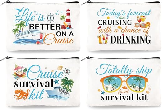 4Pcs Canvas Cruise Ship Makeup Bag - 9.06" x 5.9" Cruise Essentials Survival Kit Gift Cosmetic Bags Travel Organizer Portable Beach Accessories with Zipper