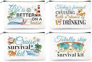 4Pcs Canvas Cruise Ship Makeup Bag - 9.06" x 5.9" Cruise Essentials Survival Kit Gift Cosmetic Bags Travel Organizer Portable Beach Accessories with Zipper