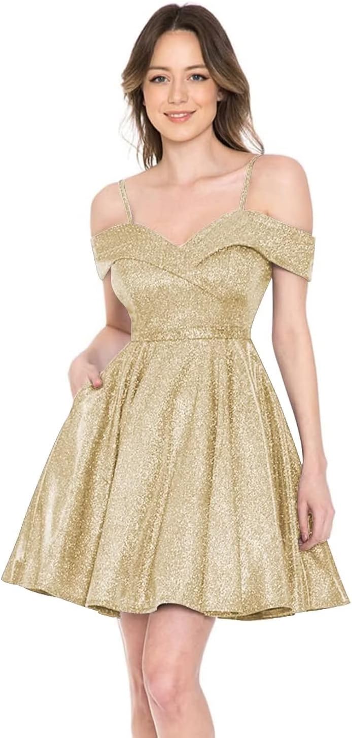 Smileven Women's Off Shoulder Homecoming Dresses Short Sparkly Glitter Prom Gowns with Pockets