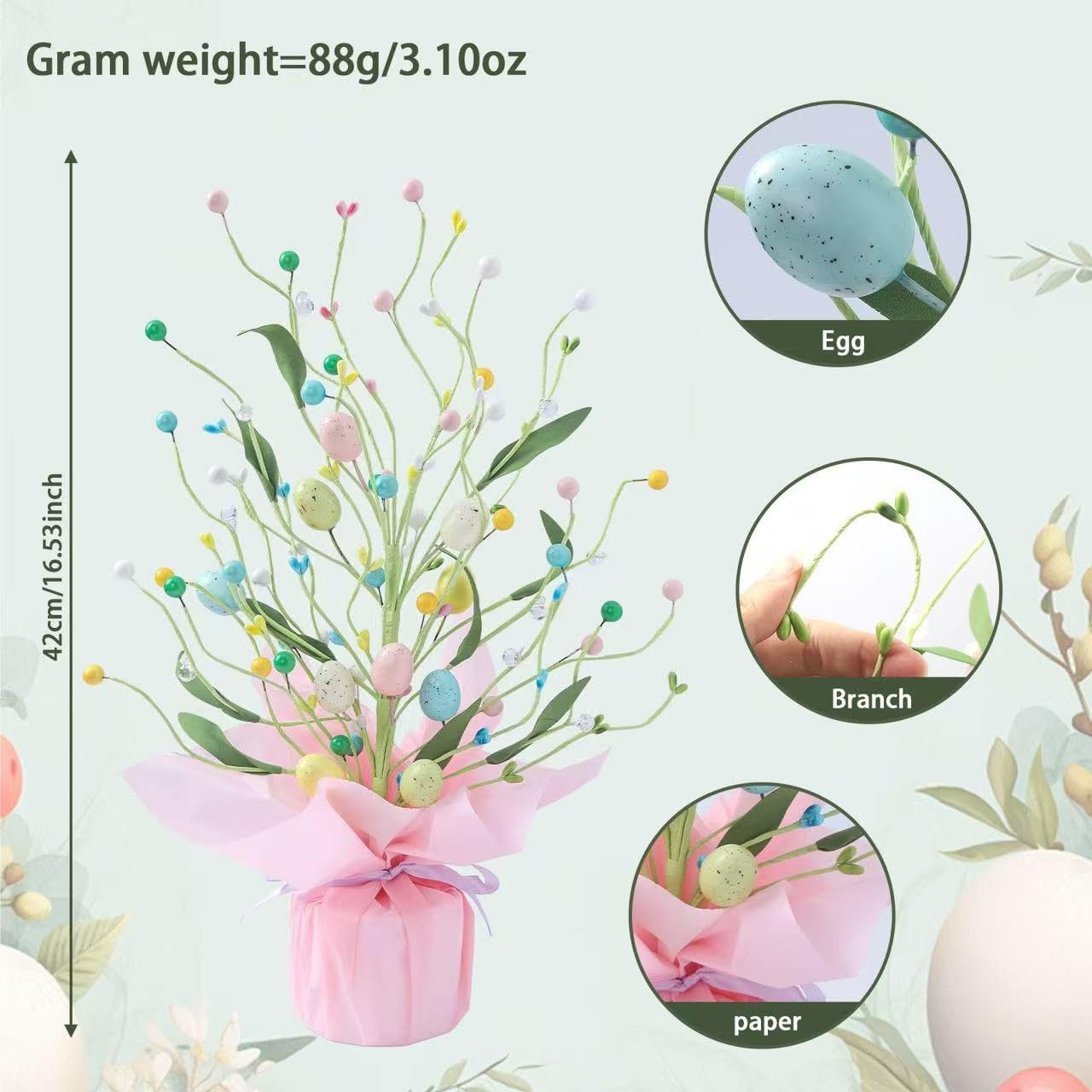 Easter Egg Tree Table Decor, 16.53 Inch Pre-Lit Artificial Easter Tree with Pastel Eggs & Berries, Spring Centerpiece for Home Kitchen Dining Table, Easter Party Decorations, Gifts image 2