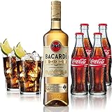 Cuba Libre Set - Bacardi Carta Oro Gold Rum 1L (40% Vol) + 4x Coca Cola 0,2L + 2x Bacardi Glas Gläser 2/4cl geeicht - Inkl. Pfand MEHRWEG
