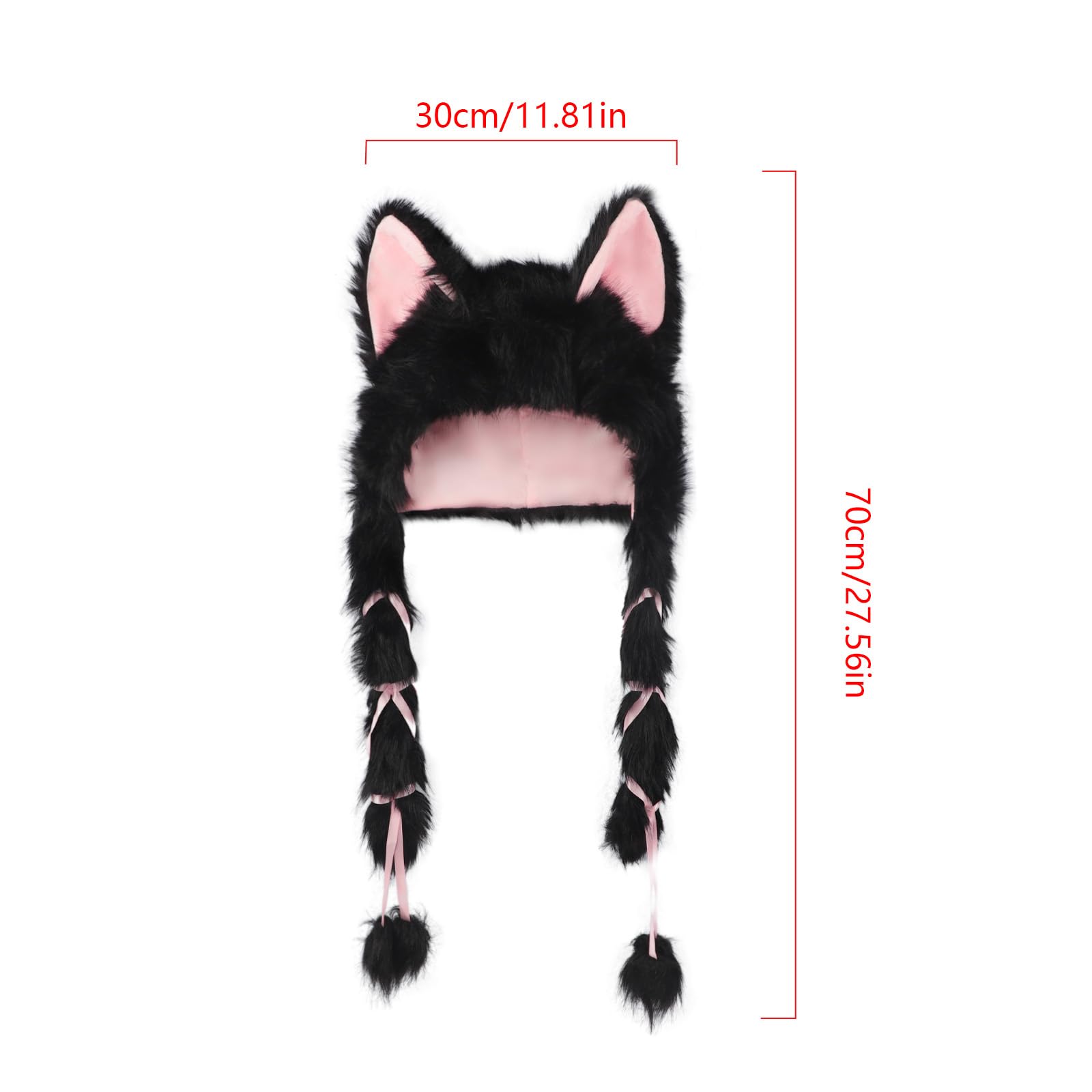 Lovely Furry Cat Ear Beanie Hat with Braided Tassels Plush Faux Fur Hood Cute Animal Fox Ears Winter Warm Cap for Halloween Party Cosplay Costume Head Accessories - Image 4