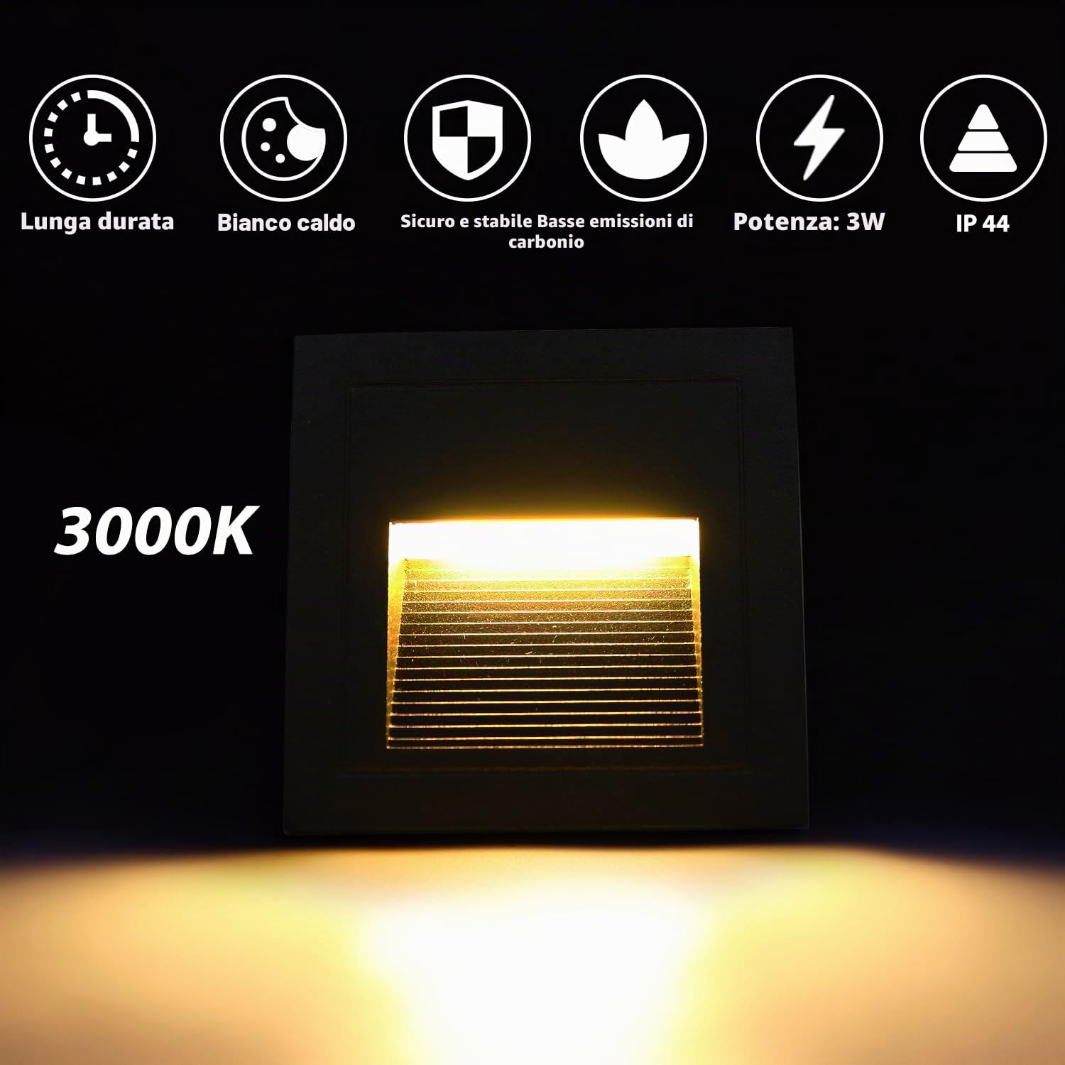 Arotelicht 8er 3W LED Illuminazione per scale Applique da parete 230 V Bianco caldo Interno Angolare Alluminio Incasso IP44 Nero