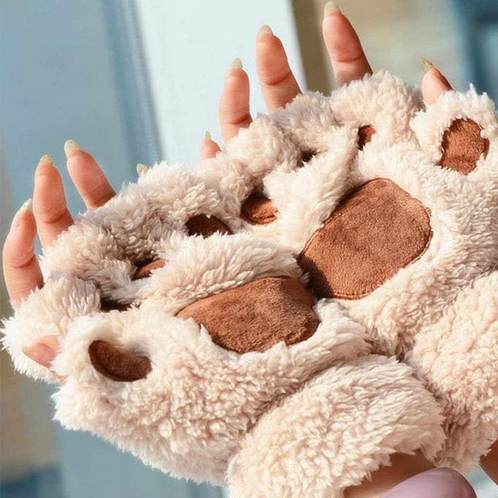 Women Girls Lovely for Paw Thick Half Fingerless Gloves Plush Wool