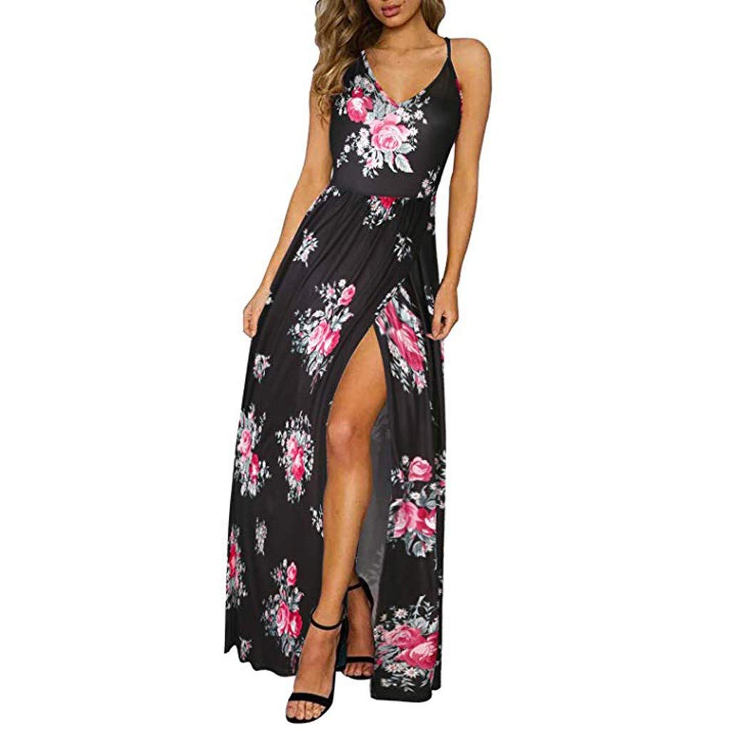iBOXO Women's Summer Sling Printed Halter High Waist Split Swing Maxi Dress