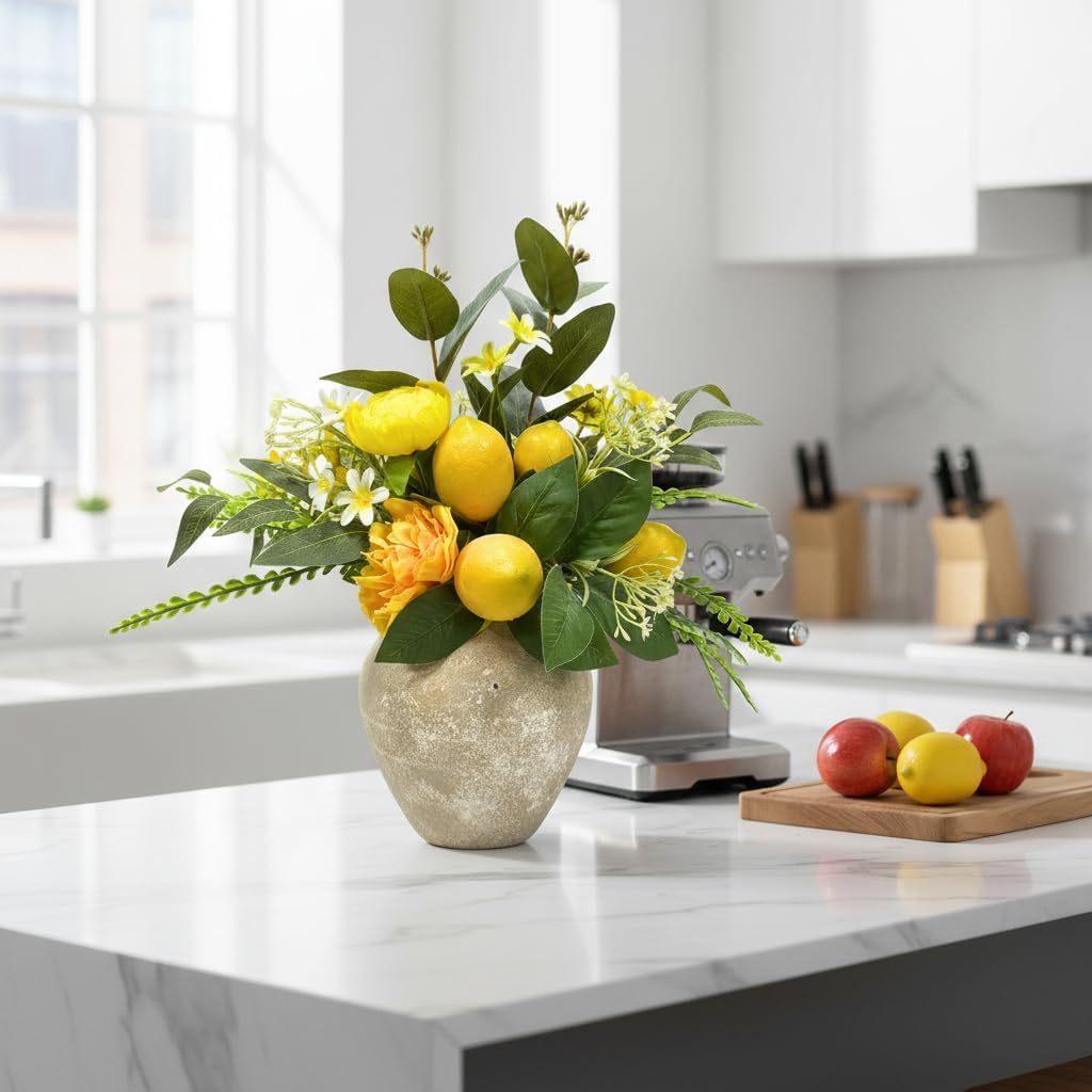 15 Inch Faux Lemon Plant in Rustic Grey Vase Artificial Peony & Eucalyptus Flower Arrangement Farmhouse Table Centerpiece for Kitchen, Shelf & Home Decor