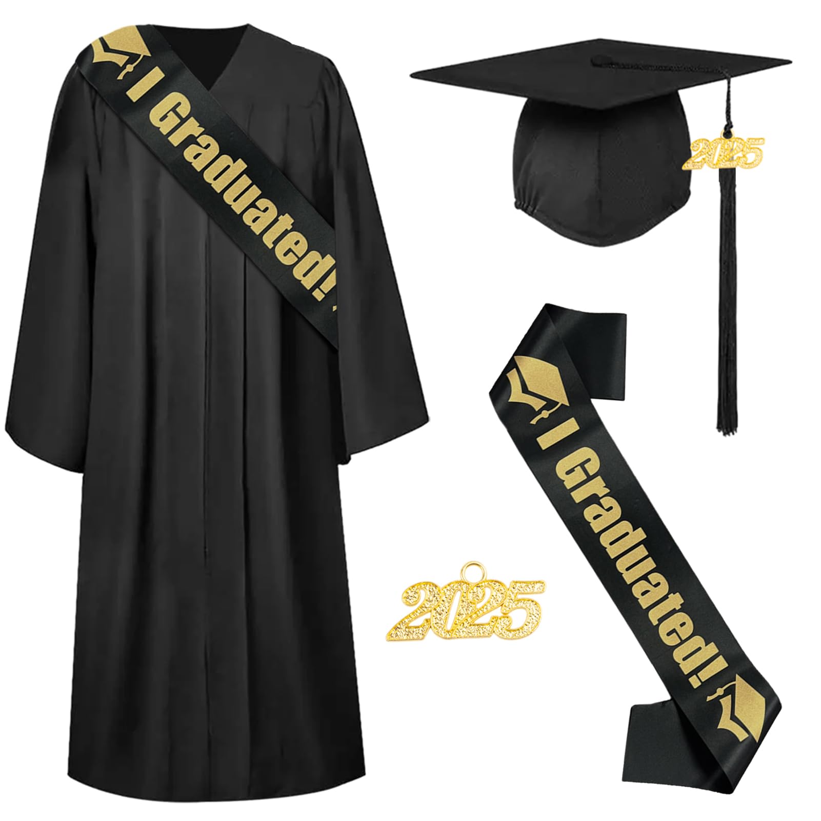 2025 Abschluss Talar mit Hut Schärpe, Unisex Abschluss Robe Schwarz Graduation Robe für Abschlussfeier Herren Damen