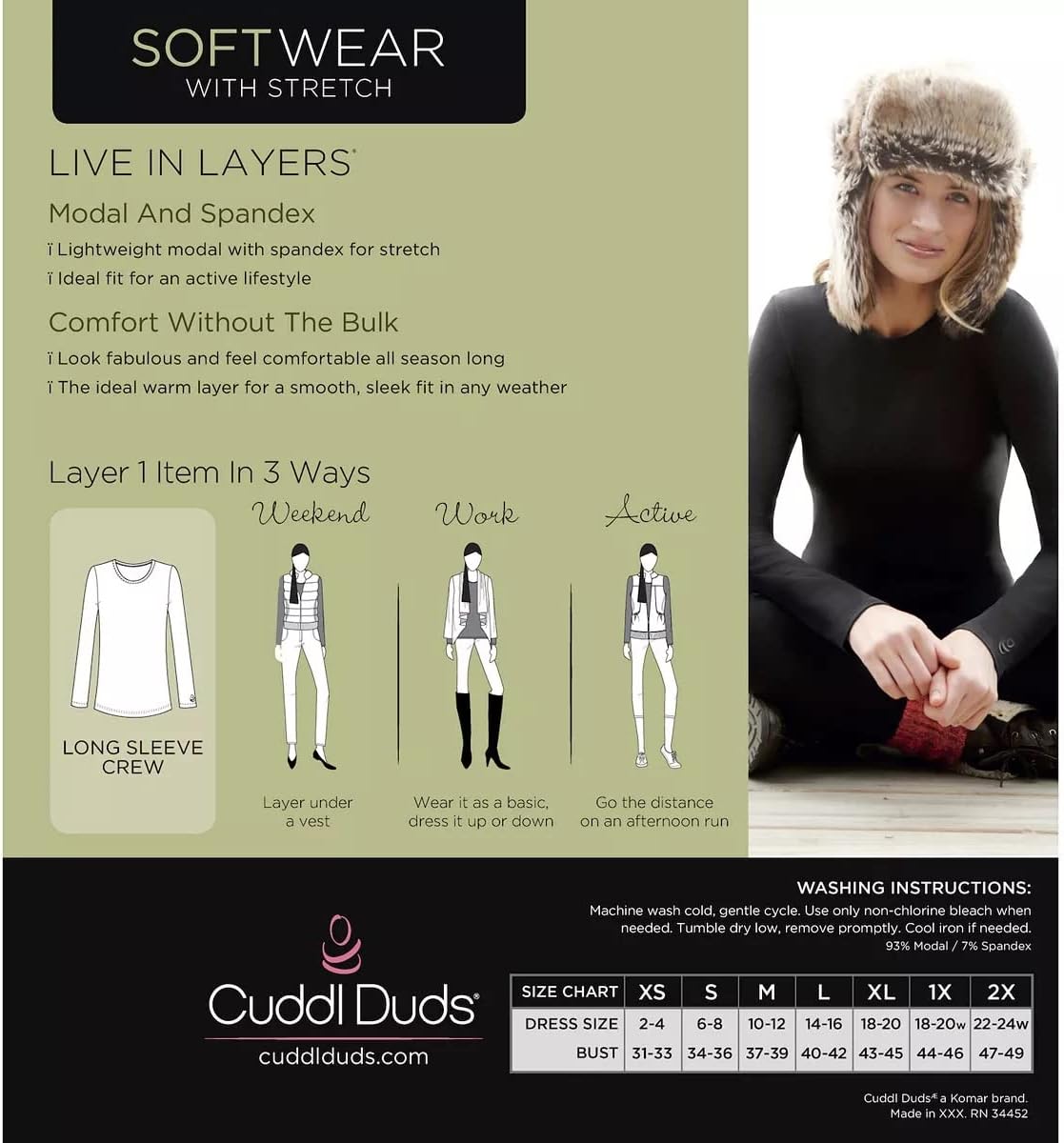 Cuddl Duds Women's Softwear with Stretch Long Sleeve Crew Neck Top -Layering Top with Smooth Fabrication, Body-Hugging Fit