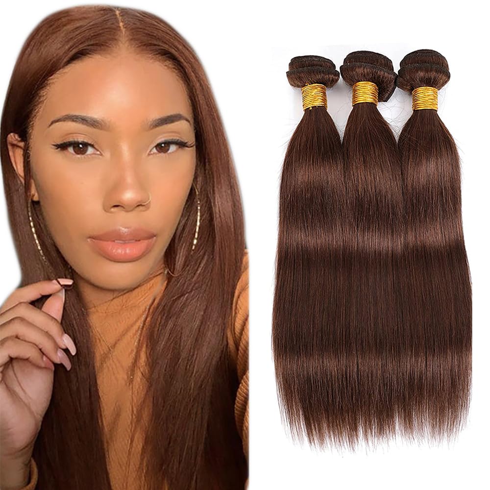 28 30 32 Inch Straight Human Hair Bundles #4 Chocolate Brown Perrucche Donna Extensions Double Weft Unprocessed Brazilain Remy Hair Weave Extension With Minimal Tangle 3 Bundles Total 150g