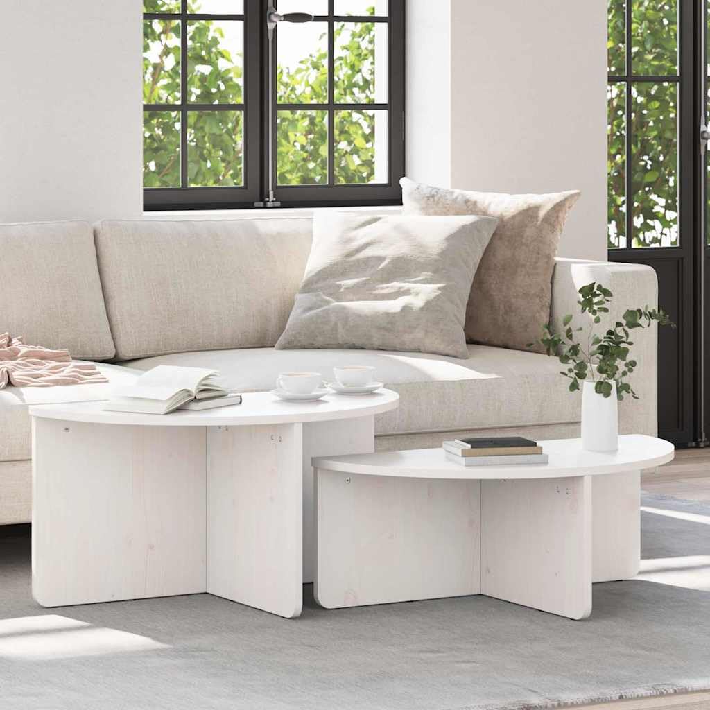 Table basse blanche en pin massif ovale : lot de 2 tables de salon vintage et moderne