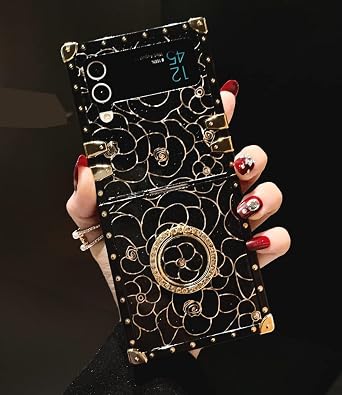 لهاتف Samsung Galaxy Z Flip 3 Case Bling مع حامل مسند حلقي للنساء والفتيات تصميم صندوق فاخر زهور ذهبية لامعة غطاء صندوق ناعم،أسود