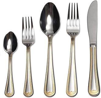 WORLD GIFTSFlatware Set 20-Piece Service for 4, 18/10 Stainless Steel Silverware Cutlery, 24k Gold Plated Accent (gold sets) (Gold Beads)