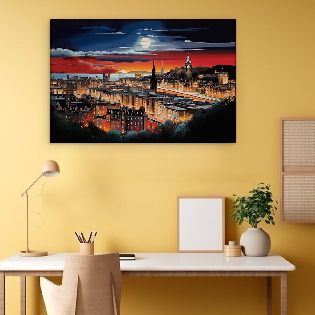 Canvas for Living room. Edinburgh Enchanted: A Moonlit Masterpiece Unveiling the City's Sleeping Beauty, 27 x 18 inch Canvas Wall Art - Contemporary Masterpieces - Modern Home Decor