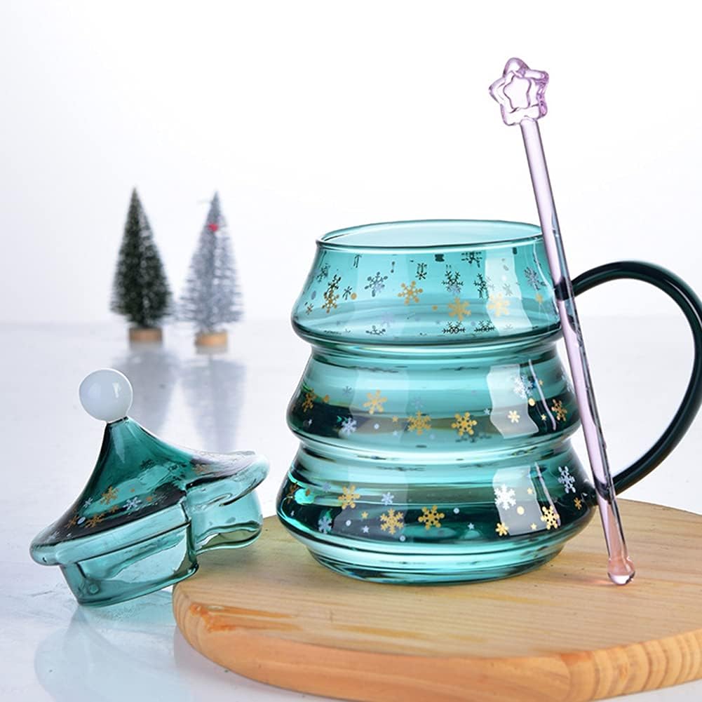 Ochine Cute Mugs Christmas Coffee Glass Mug Tea Cup Milk Cup Christmas Tree Shaped Double Wall Coffee Mug Espresso Cups with Dipper and Lid Cover Christmas Decoration Xmas Gift for Kids Adults