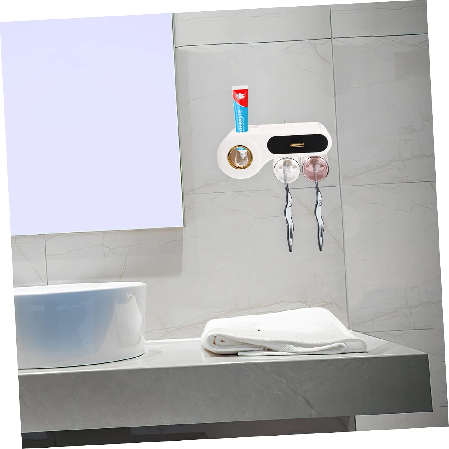 Wall Mounted Bathroom Cup Set with Toothbrush Shelf, Black Plastic image 4