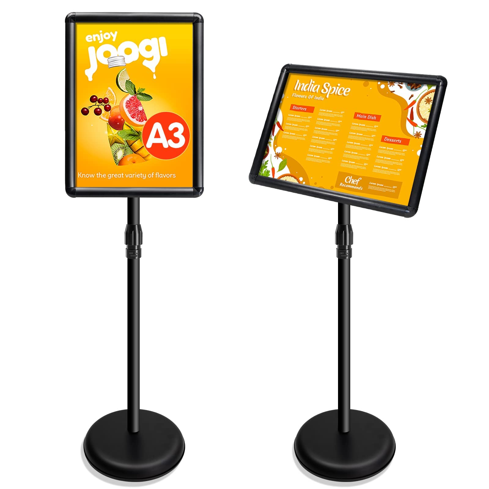 Excefore A3 Sign Stand Adjustable Poster Stand Aluminum Snap Frame Menu Stand Replaceable Advertising Rack Floor Display Stands with Safety Corner and Stable Round Base (Black, A3)