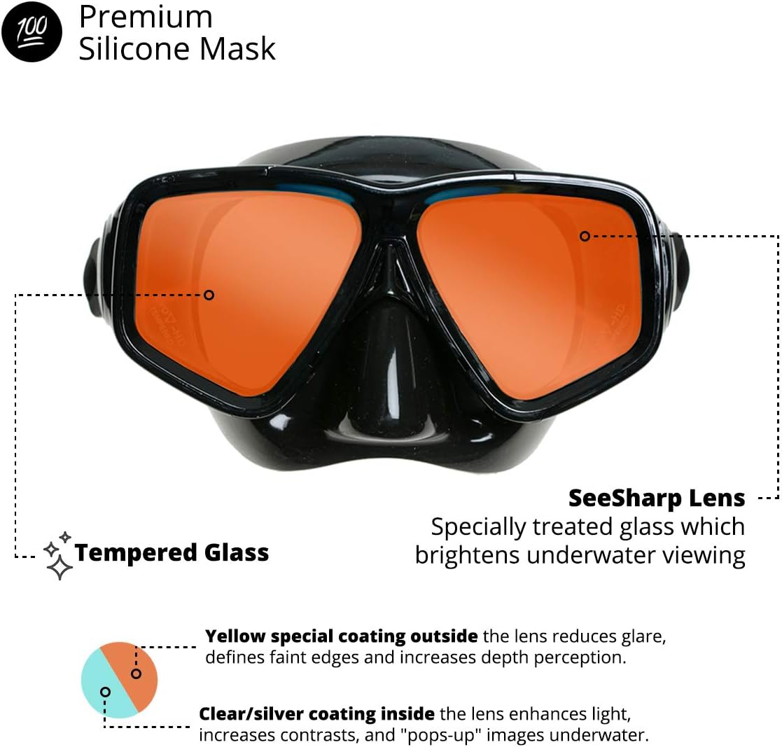 EVO Hi Definition Mask and Snorkel Combo - Dual Lens - Snorkel Mask Adult - Scuba Mask and Snorkel Set Adult - Scuba Diving Mask with Valve - Dive Mask - Scuba Diving Accessories - Scuba Gear