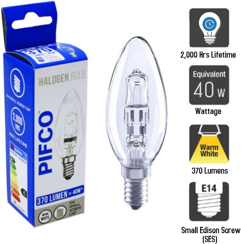 Pack of 10 - Pifco Halogen SES Candle Bulb 28W (=40W Bulb) E14 Small Edison Screw Cap