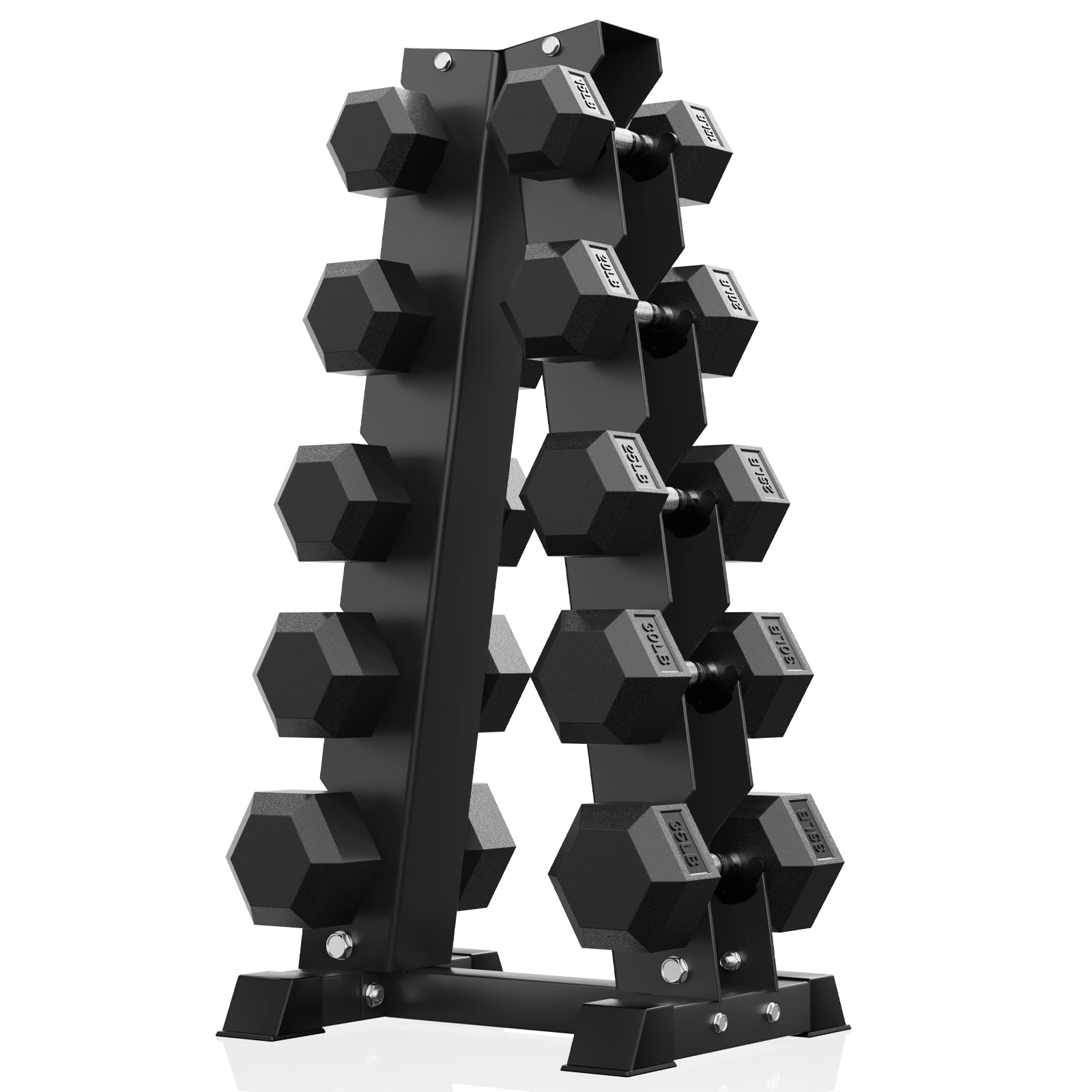 PAPABABE Hex Dumbbell Set with Rack Rubber Encased Dumbbell Free Weights Dumbbells Set with Storage Rack Hand Weights