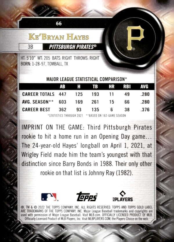 Miniatura 2 de 2022 TOPPS GOLD LABEL CLASS 1#66 KE'BRYAN HAYES PITTSBURGH PIRATES BASEBALL OFFICIAL TRADING CARD OF MLB