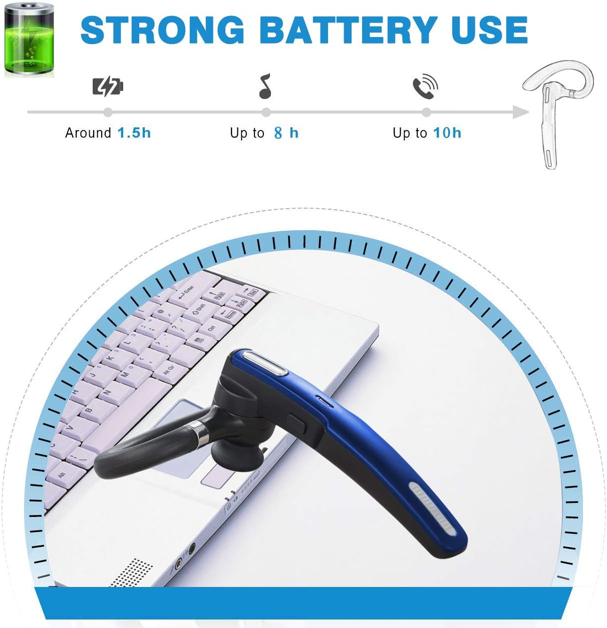 Bluetooth Headset, Phone Wireless Bluetooth Earpiece W/Noise Cancelling Mic,10-Hr Playing Time, Hands Free Wireless Headphone for Cell Phone-Compatible with iOS, Android-Blue