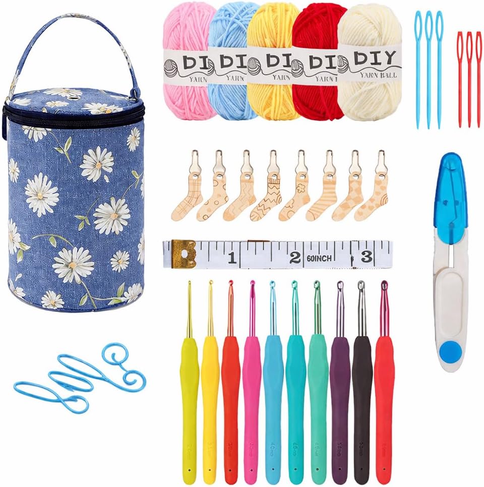 Crochet Kit Set with Portable Travel Bag, 9 Ergonomic Soft Handle Hooks (2.0-6.0mm), 5 Yarn Balls, Stitch Markers, for Beginners (Navy)