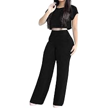 GFU 2 Piece Sets for Women Sexy Short Sleeve Cropped Top High Waist Wide Leg Pant Sets Summer Casual Travel Outfits