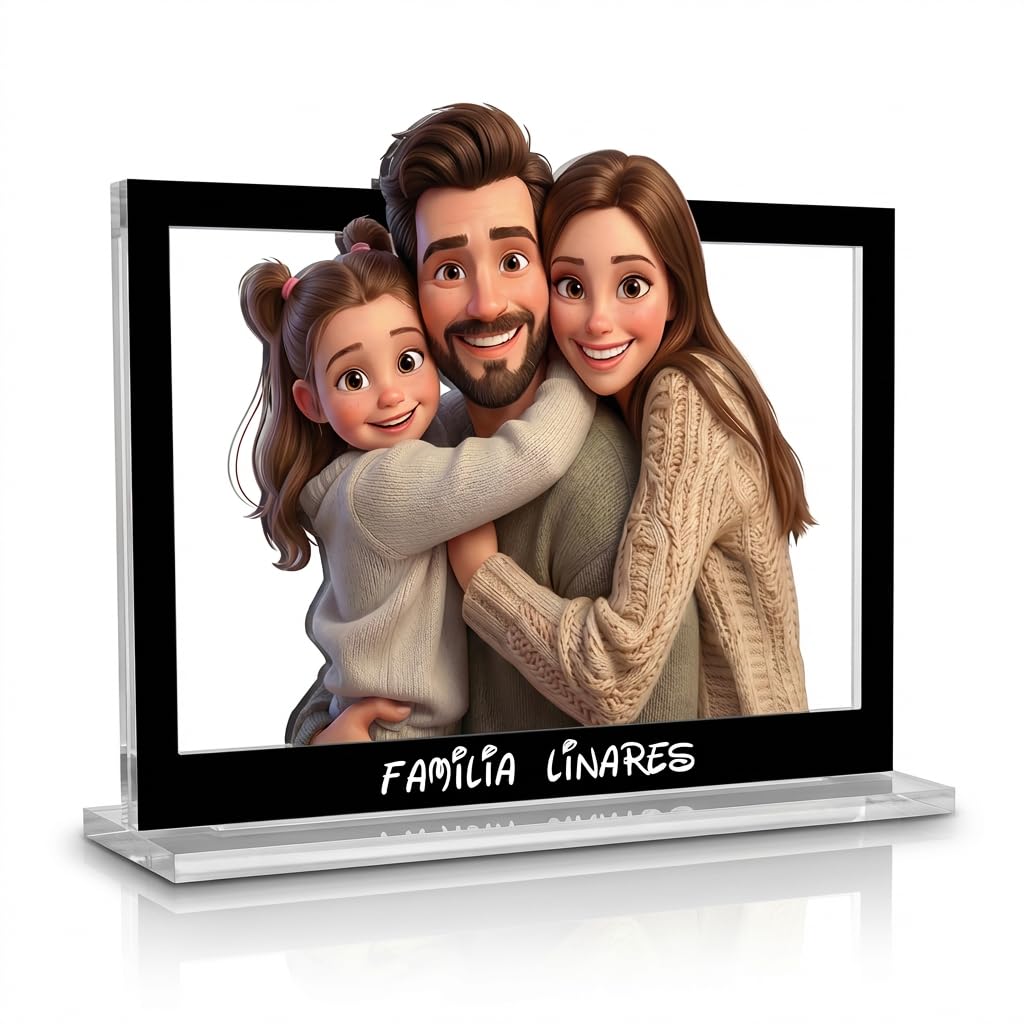 Marco Acrílico Personalizado con Caricatura 3D – Foto Convertida en Ilustración Estilo Animación, Acrílico 5 mm Corte Láser, Soporte Incluido – Regalo Emotivo y Decorativo(20 x 30 cm)
