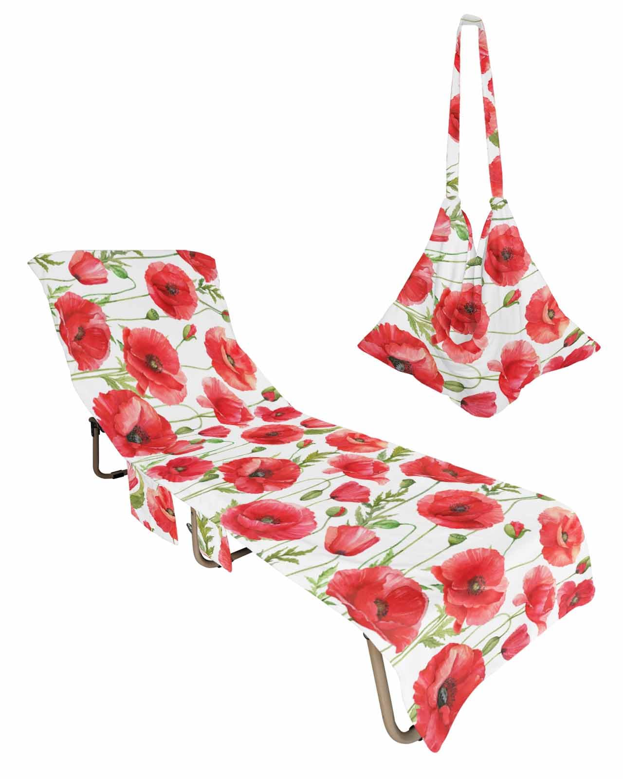 Floral Red Beach Chair Towel Covers for Chaise Lounge With Side Pocket, Soft Plush Pool Towels Cover for Patio Sunbathing Outdoor astoral Country French Botanical Flower Plant 29''x85''