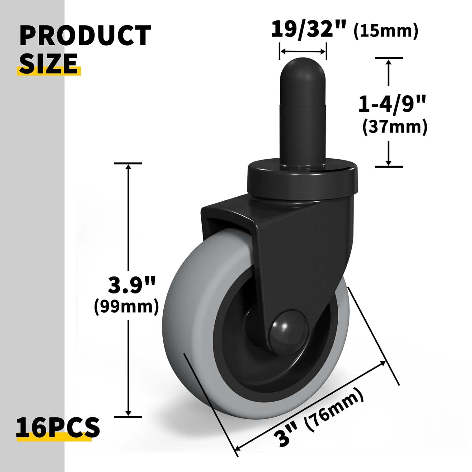 AAGUT Mop Bucket Casters Replacement 3" Set of 16 Swivel Bayonet Caster Non-Marking Thermoplastic Rubber Wheels Compatible with Rubbermaid Models& Wavebrake