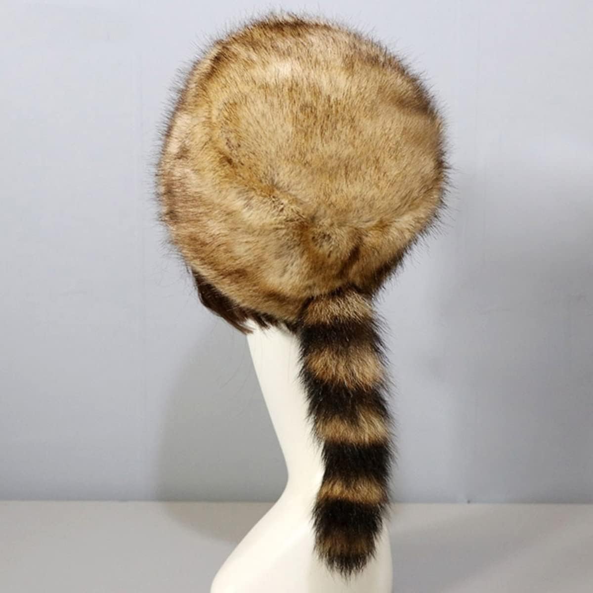 Faux Fur Raccoon Tail Hat for Women Men, Faux Coonskin Cap with Tail Flat Top Winter Hat - Image 2