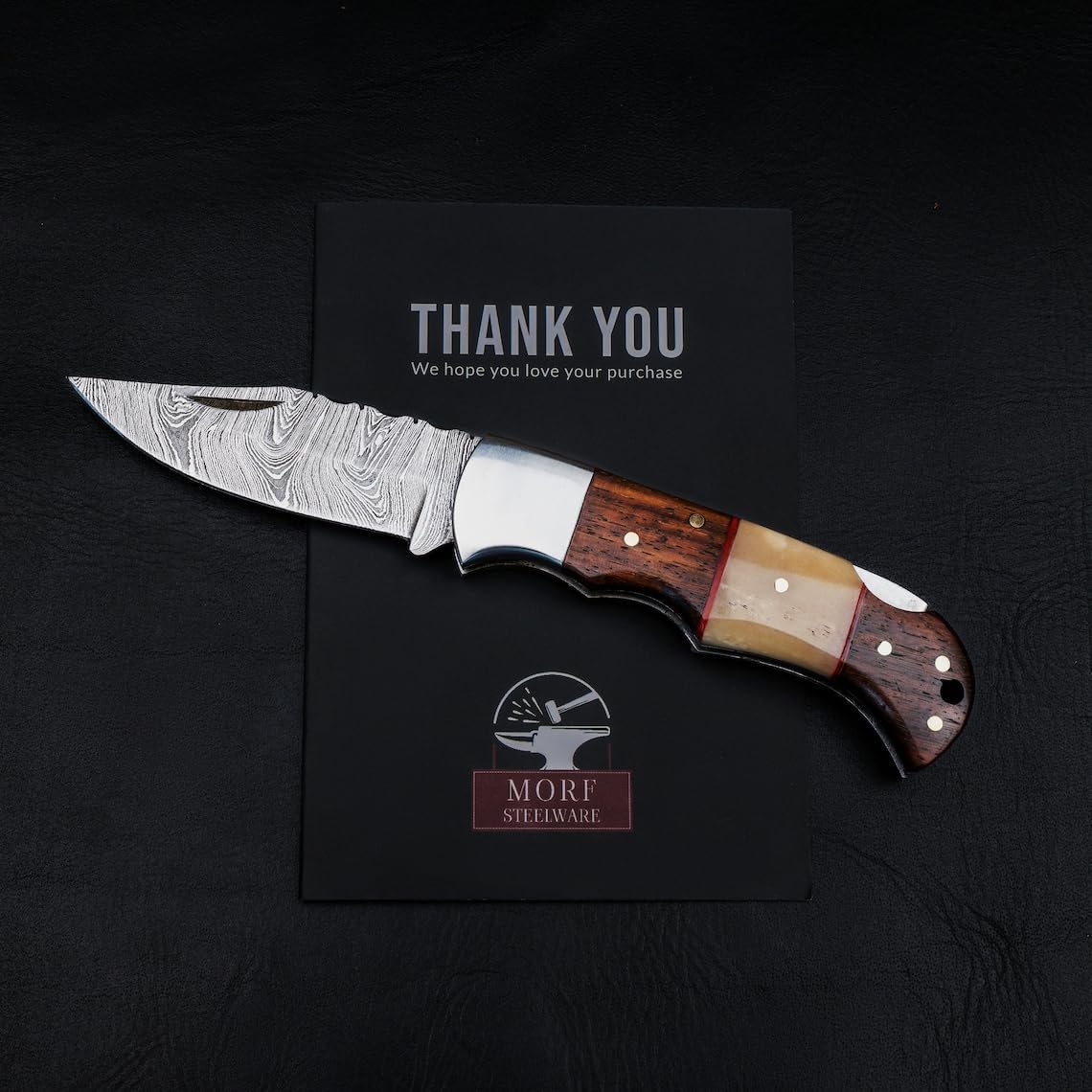 Morf Industries Handmade Damascus Pocket Knife Rose-Wood Handle Birthday Gift Folding Knife Groomsmen Gift Anniversary Wedding Personalized Gift for Men