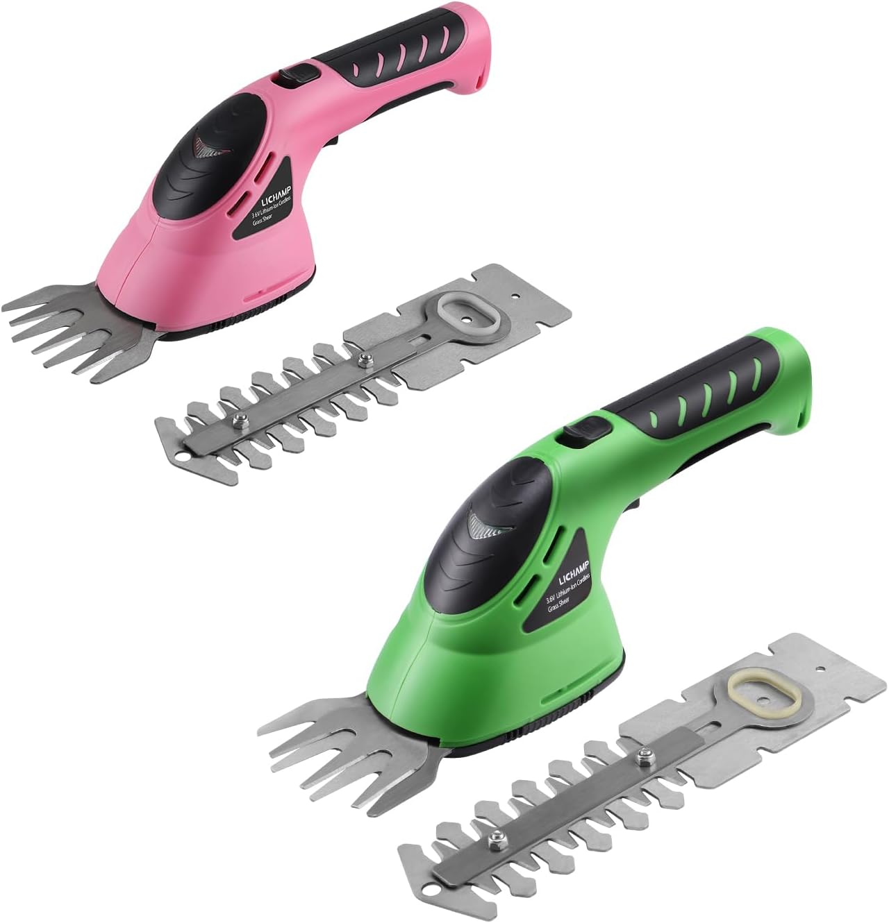 Lichamp 2 Packs 2-in-1 Electric Hand Held Grass Shear Pink and Green Hedge Trimmer Shrubbery Clipper Cordless Battery Powered Rechargeable for Garden and Lawn