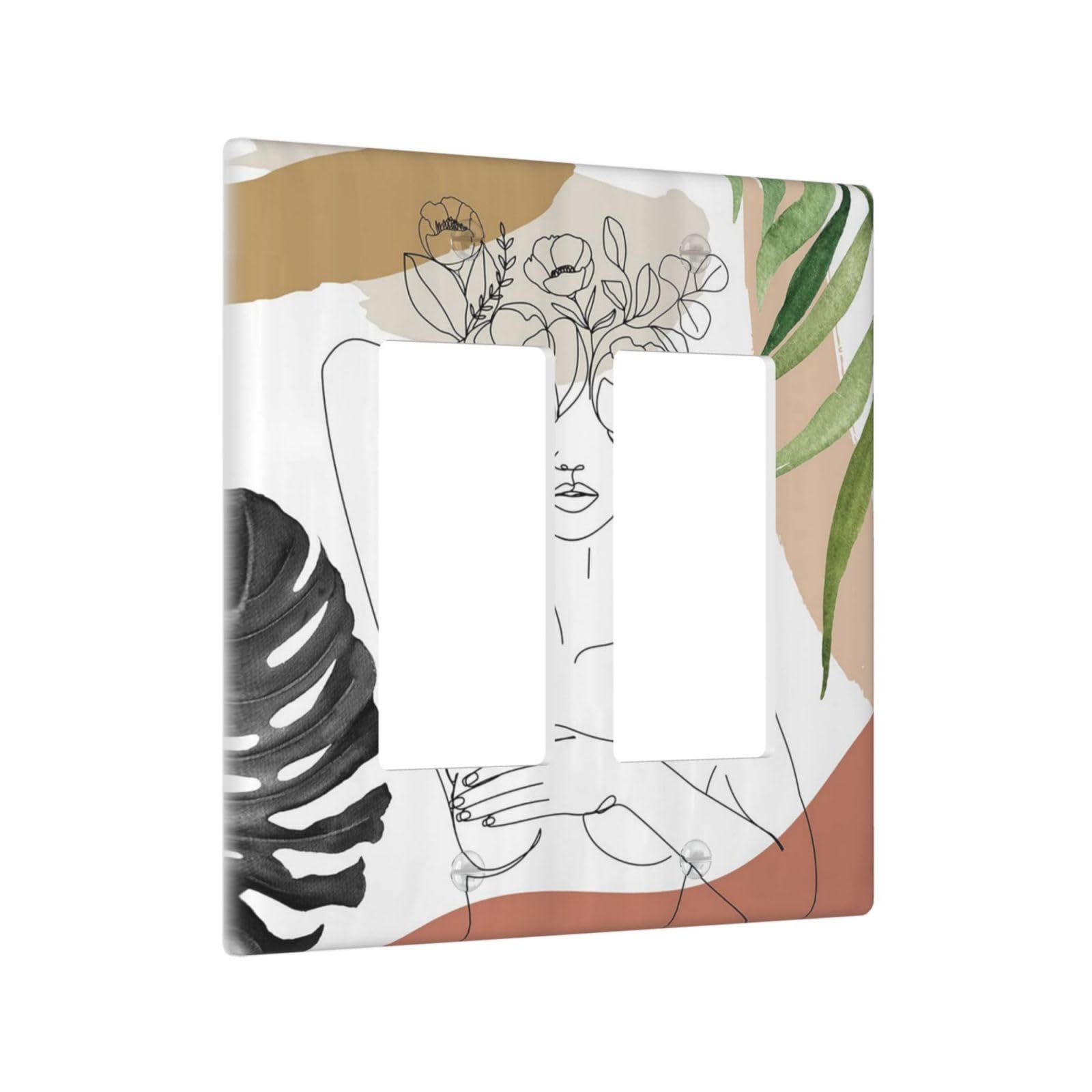 Mid Century Abstract Women Lady Boho Palm Leaf 2 Gang Rocker Decora Light Switch Covers Decorative Unique Dual Outlet Covers Wall Plate Electrical Faceplate Switchplate GFCI for Bedroom Decor